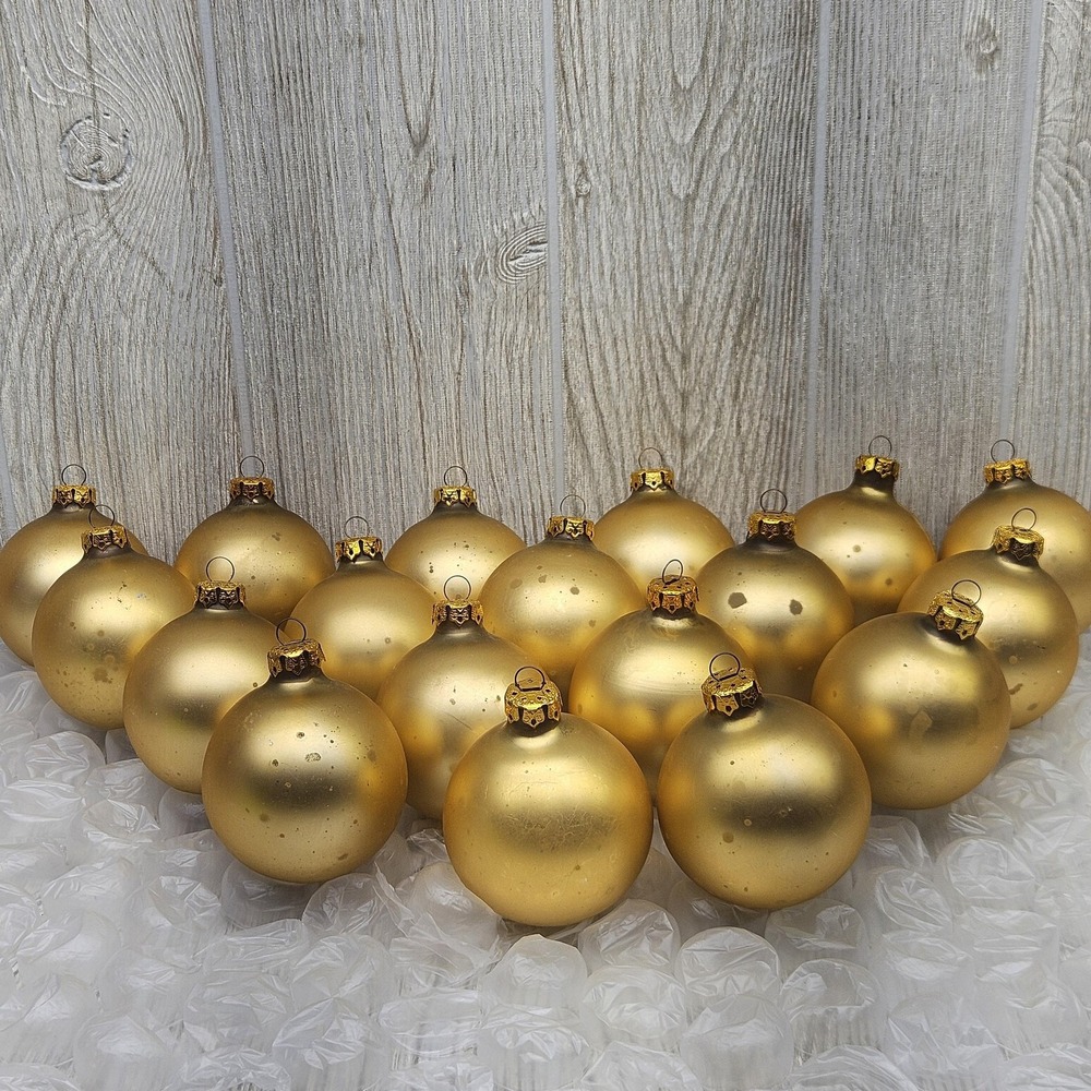 Vintage Matte Gold Glass Christmas Ornaments Set 18 Holiday Tree Round Balls - Picture 2 of 8